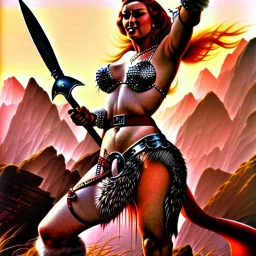 Red Sonja wilding Greatsword by Frank Frazetta style