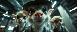 extreme close up on cheeky fluffy weasel cowboy elf family scumbag in the style of Escher and Giger and Fallout 4, pinhole cam, airbrush 3d rendering, on tv screen:A five-second cinematic single take in a clean industrial presentation hall.