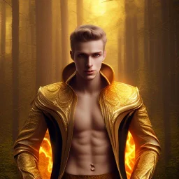 Male, Human, Blond, Sorcerer, Fire Mage, Golden Eyes, Young, Photorealism, Full Body Shot, Forest Background