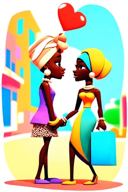 Love is in town. Prompt: Stylized 3D cartoon woman in profile view with long elegant proportions and smooth dark skin tone. Wearing a color-block mini skirt and sleeveless top. Her head wrapped in a turban and accessorized with bracelets and pearl earrings. Holding a small gift box with ribbon in her hands. Accompanied by a tall male companion in matching stylized design. Set against a soft studio backdrop --ar 2:3 --profile sng3ui9 --stylize 300 --draft