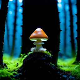 "Close up of a wonderful tiny Mushroom Tower home. Orange and indigo with bright white, deep black and contrasting tones of gray. Illuminated bioluminescent forest. Professional painter, master at composition. small but detailed. broken, blurred background, voluminous lighting"