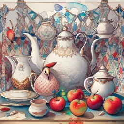 Watercolour and ink patchwork in the style of Jamie Heiden, Walter Crane, Yayoi Kusama, Ivan Shiskin, John Atkinson Grimshaw: zentangle cute whimsical watercolor Still life with apples on a porcelain plate and a teapot crisp quality, ultra detailed, elegant, fantastical, surreal, watercolor and pen, beautiful high definition fine 3D line art, white and grey and red dreamy colours, extremely detailed, intricate, elaborate, HDR, award winning, expressionism, fantastic view, ethereal, fantasy, unsi