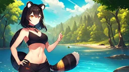 Girl, open navel, black hair, orange eyes, forest, lake , collar on neck, raccoon ears, raccoon tail.