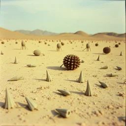 Odd spindle-shaped objects scattered over an arid surface, nothingness, close-up, polaroid, in Yves Tanguy style, nightmare, highly hypermaximalist