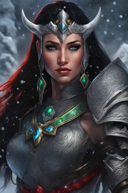 Fantasy art, woman valkyrie, black long hair, beautiful woman, red armour, snow background, black skin, green eyes, blue necklace