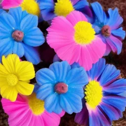 pink and blue flowers with yellow polio realist