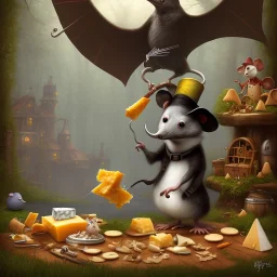 A Plague Doctor (AND) a Mouse having a port & cheese party in a forest of mushrooms by a river, art by Pixar and Disney