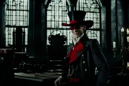 Still frame of Tom Hiddleston as Alucard from the live action "Hellsing" movie based on the anime of the same name. He is wearing his signature red hat and yellow glasses, while laughing in the moonlight.