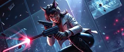 airbrush 3d rendering, mafia cyberpunk stylish lady dr smick Vex is now officially in stasis. No experiments. No clones. No accidental galaxy-ending breakthroughs. sci fi guns and rays, shattering glass background, flying debris, wicked smile, and low crouch pose