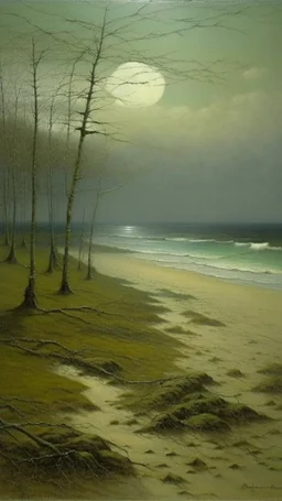 A grayish blue beach near a forest painted by John Atkinson Grimshaw