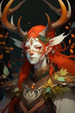 red hair autumn harvest Eladrin Male antlers beard druid of the stars