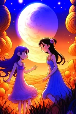 Pixar tarzı İki yakın arkadaş(iki küçük kız) biri pembe ve diğeri mor elbise giyiyor mor elbiseli oturan pembe elbiseli kıza yardım ediyor arkaplan olarak ay ve güneş karışımı bir gezegen