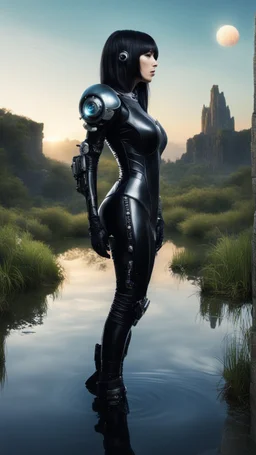 Fantasy Photo Of A Woman With Black Hair, Wearing A robot-looking catsuit, standing sideways On A Ledge next to a Pond, With A Planet rising Behind Her Head