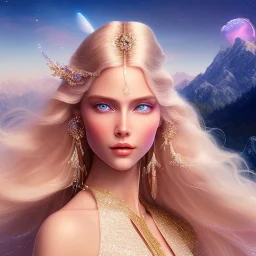  full body white goddess woman glitter smiling long blond hair blue eyes in a galactic ambiance, delicate colors in the foreground, full of details, smooth, light effect，vaporwave colorful, smooth, extremely sharp detail, finely tuned detail, ultra high definition, 8 k, ultra sharp focus