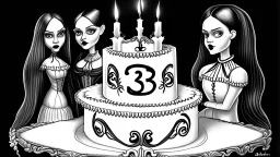 draw a birthday cake with logo number 23 and one candle 23 ,Insanely detailed Addams Family with Barbie dolls