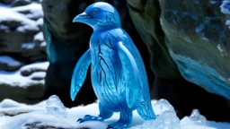 A cyan ice elemental penguin designed in native American petroglyphs painted by Zhang Lu