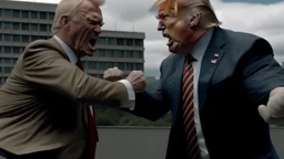 High quality medium shot of Senator Armstrong getting repeatedly punched by Donald Trump, epic, buff, standing, rooftop, dust