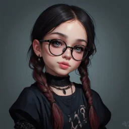 a pretty 18 year old girl, goth aesthetic, glasses, digital art, stylised