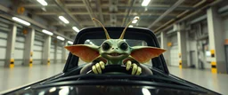 car driving happy 2d insect anime fluffy slimy alien gremlin man in the style of Escher and Giger and Fallout 4, pinhole cam, airbrush 3d rendering, on tv screen:A five-second cinematic single take in a clean industrial presentation hall.