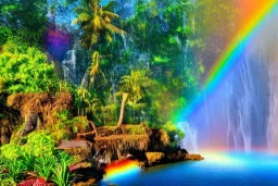 island waterfall palms twigs spring sunset rainbow bridge birds