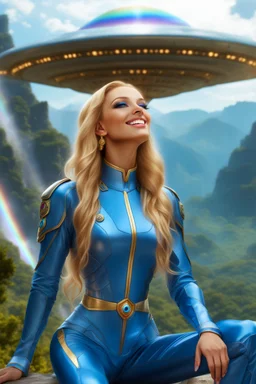 cosmic woman smile, admiral from the future, galactic confédération, fine whole face, crystalline skin, expressive blue eyes,rainbow, smiling lips, very nice smile, costume pleiadian, Beautiful tall woman pleiadian Galactic commander, ship, perfect datailed golden galactic suit, high rank, long blond hair, hand whit five perfect detailed finger, amazing big blue eyes, smilling mouth, high drfinition lips, cosmic happiness, bright colors, blue, pink, gold, jewels, realist, high,rainbows