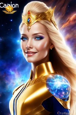 cosmic woman angels smile, admiral from the future, one fine whole face, crystalline skin, expressive blue eyes,rainbow, smiling lips, very nice smile, costume pleiadian, Beautiful tall woman pleiadian Galactic commander, ship, perfect datailed golden galactic suit, high rank, long blond hair, hand whit five perfect detailed finger, amazing big blue eyes, smilling mouth, high drfinition lips, cosmic happiness, bright colors, blue, pink, gold, jewels, realist, high commander,ufo rainbows