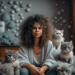 Portrait of woman with curly hair sitting in room full of clouds and fluffy kittens