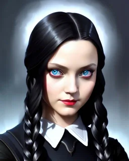 "Wednesday Addams, full-scale head and shoulders portrait, Artgerm, WLOP, Alphonse Mucha dynamic lighting hyperdetailed intricately detailed Splash art trending on Artstation triadic colors Unreal Engine 5 volumetric lighting Splash art fantasy"