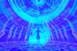 inside a spaceship with a celestial being, a being of pure energy, radiating light and taking a humanoid form with shifting constellations.