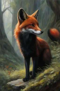 oilpainting of a melanistic fox with a red head and red tail. fantasy concept art in the style of Alan lee d&d larry elmore greg rutkowsky john howe william morris william turner hayao miyasaki