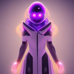 Cute girl in a robotic hijab suit, purple and pink backlight, orange lighting, profile