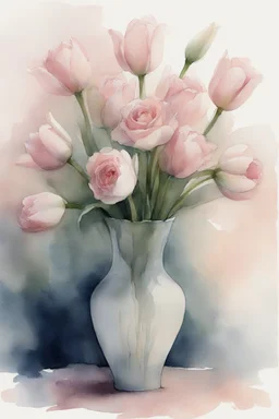 A watercolour and ink drawing of A vase of pale pink roses and pink and white tulips in the style of artist John Lovett