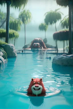 Realistic pool scene. big furry monster into water. Wes Anderson style. Red hair, smile, happy, gradient color fog. highly detailed, concept art, unreal engine 5, ray tracing, RTX, lumen lighting, ultra detail, volumetric lighting, 3d, finely drawn, high definition, high resolution.