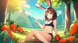 Girl, brown rabbit ears , brown rabbit tail, brown hair, open navel, forest, morning, carrot in hand, sit, , paws in feet.