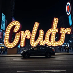 advertisings on giant signs in an odd script, made of cake-frosting and felt, volumetric light, hypermaximalist, night, nightmare, fun, 3d, odd logo, persone, auto, chaos