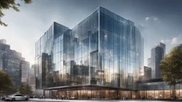 Contemporary glass and steel building with elegant lines and an innovative façade, surrounded by a busy cityscape, modern and in high resolution.