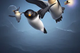 penguin flying in the sky with his two wings