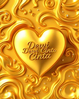 Create an image featuring a render 3D golden heart with the inscription " Dewi Cinta " in the center. The heart should be set against a background of swirling golden patterns that resemble molten gold. Intersperse small, sparkling diamonds within the swirls to add a touch of elegance and luxury.