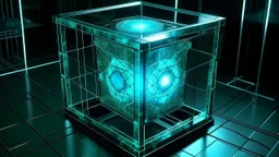 Cube tesseract from movie Loki. Tesseract size must be third part of image size. Located strictly in the middle of picture with space around it and with navy blue/green glow inside tesseract. Without surface/table on which it stay.