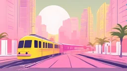Yellow pink bright colors and. French animation arcane style. Hot summer in the city with skyscrapers and palm trees. A Train is approaching in front of sky in the sunrise.