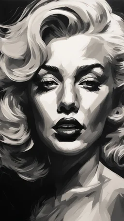 chiaroscuro portrait illustration of Marilyn Monroe in the style of threadbare abstract expressionism, ebony , black, and pewter , vintage abstract cut-and-paste, ricoh gr iii, editorial illustrations, fine lines, highly detailed hair and facial features