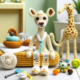 An adorable crochet doctor toy design featuring a miniature crochet giraffe figurine, equipped with a crochet stethoscope, and surrounded by carefully crafted crochet medical equipment, including a crochet examination table and shelves filled with tiny medical supplies, crocheted.