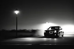 Coche Cadilac americano en mitad de la noche tan sólo iluminado por una farola y los faros del coche, imagen en blanco y negro vaporoso, imagen al estilo del fotógrafo Hugo Alonso