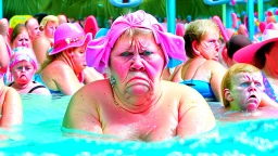 mother pouting at a crowded water park