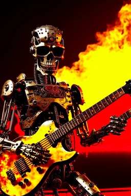 Firestarter robot terminator hardrock with a guitar. Seems angry against humans. Flames all around