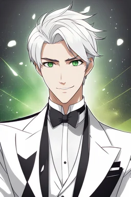 Young man with white hair, well-groomed, green eyes, smiling, friendly, wearing a tuxedo, RWBY animation style