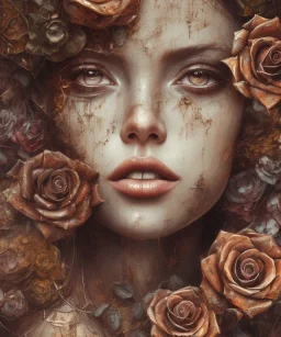 an abstract painting of rusted metal and flowers, portrait, rust, scaffolding, iron cladding, decay, mixed media, textured, anatomically correct, beautiful perfect face, sharp focus, highly detailed