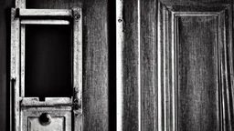 unhinged door, anime, monochrome, black background, ink, simple, maximum quality, broken hinge, barely functioning, why is it still being used it's a health hazard