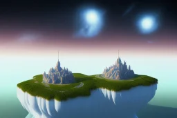 100mm photo of isometric floating island in the sky, brillante y snow cosmos