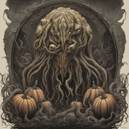 Lovecraftian Jack-O-Lantern monster, Eldritch Cthulhu mythos, dramatic expansive fantasy horror masterpiece, by Greg Rutkowski, by Jeremy Mann, by Mike Dubisch, vibrant dark colors, evil pumpkin carving, hyperdetailed wet brush matte painting; dramatic, deep red-black-orange colors.